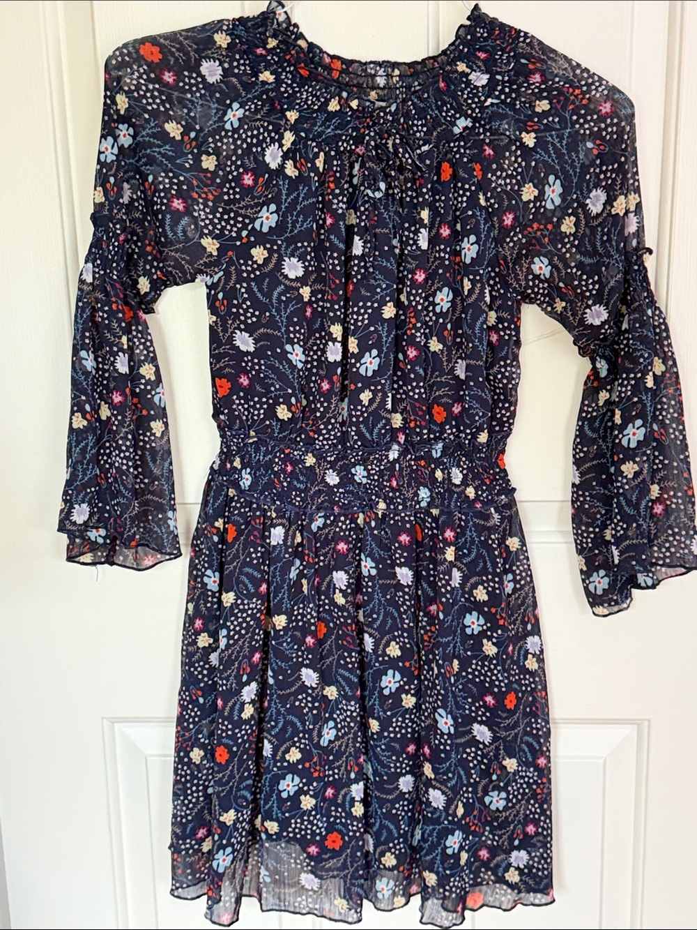 Navy Floral Smocked Waist Long Sleeve Mini Dress